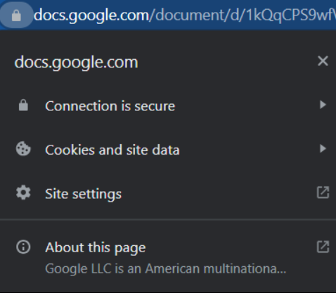 Image shows "Connection is secure," "Cookies and site data," "Site settings," and "About this page."