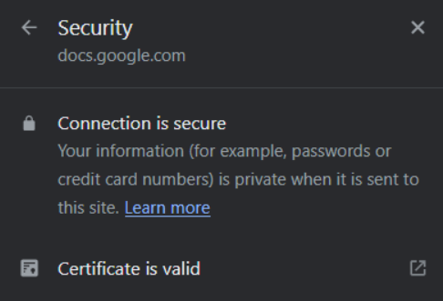 Image shows that information is private when sent to this site, and that "Certificate is valid."