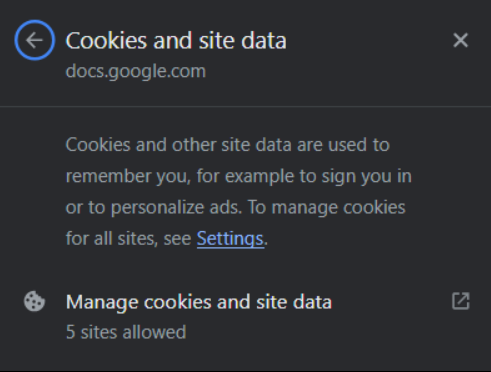 Images shows that cookies are used to remember you. Underneath is a button saying "Manage cookies and site data."