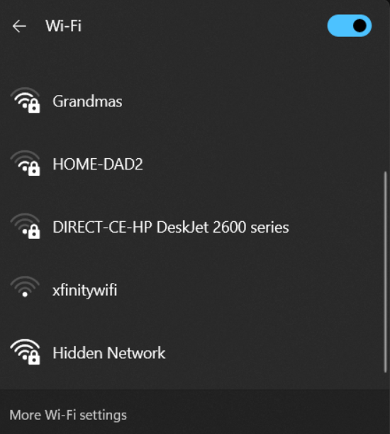 List of various Wi-Fi networks. The names listed are SSIDs.