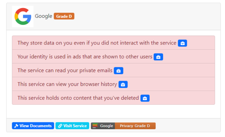 Image shows Google's actual terms of service.